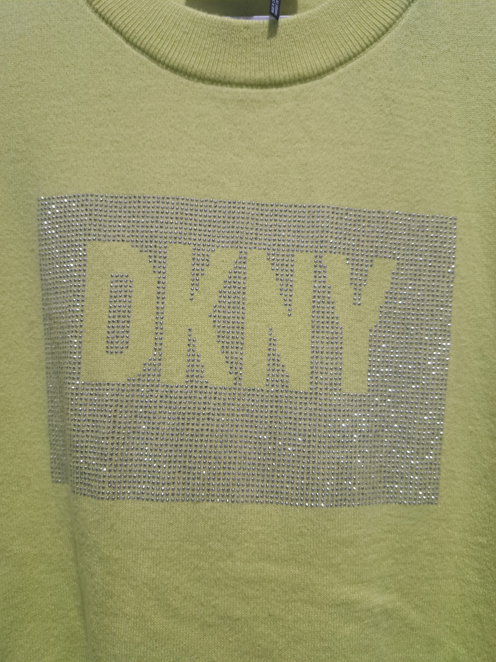 DKNY Lime Green Crewneck Sweater with Rhinestone Logo Panel